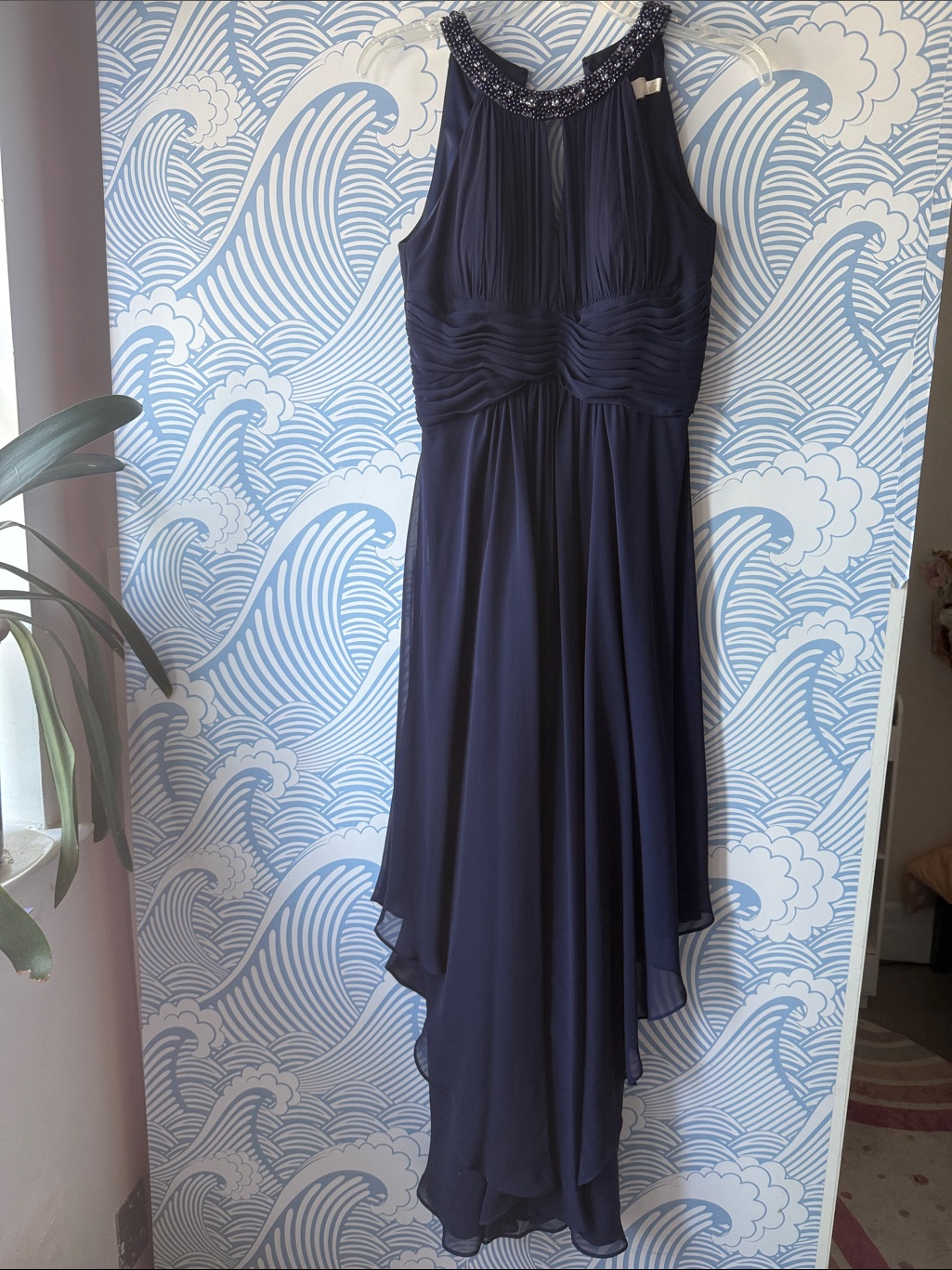 Eliza J Navy Beaded High-Low Chiffon Gown